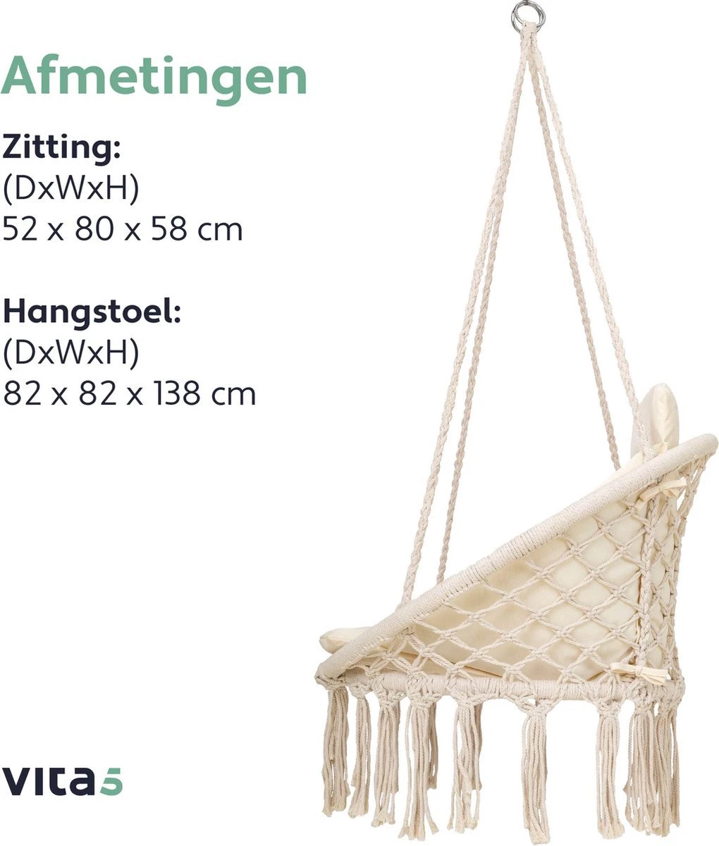 Vita5 Macramé Hangstoel - Voor Binnen En Buiten - Zonder Standaard - Incl. Kussen, Boekenvak En Beschermhoes - Tot 150kg - Beige 9 Vita5 Macramé Hangstoel - Voor Binnen En Buiten - Zonder Standaard - Incl. Kussen, Boekenvak En Beschermhoes - Tot 150kg - Beige - Afbeelding 9