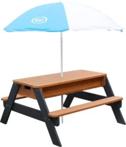 AXI Nick Zand & Water Picknicktafel In Antraciet/Bruin - Parasol Blauw/Wit - Picknick Tafel Voor Kinderen Van Hout -Tuin- En Buitengereedschapswinkels 1031x1200