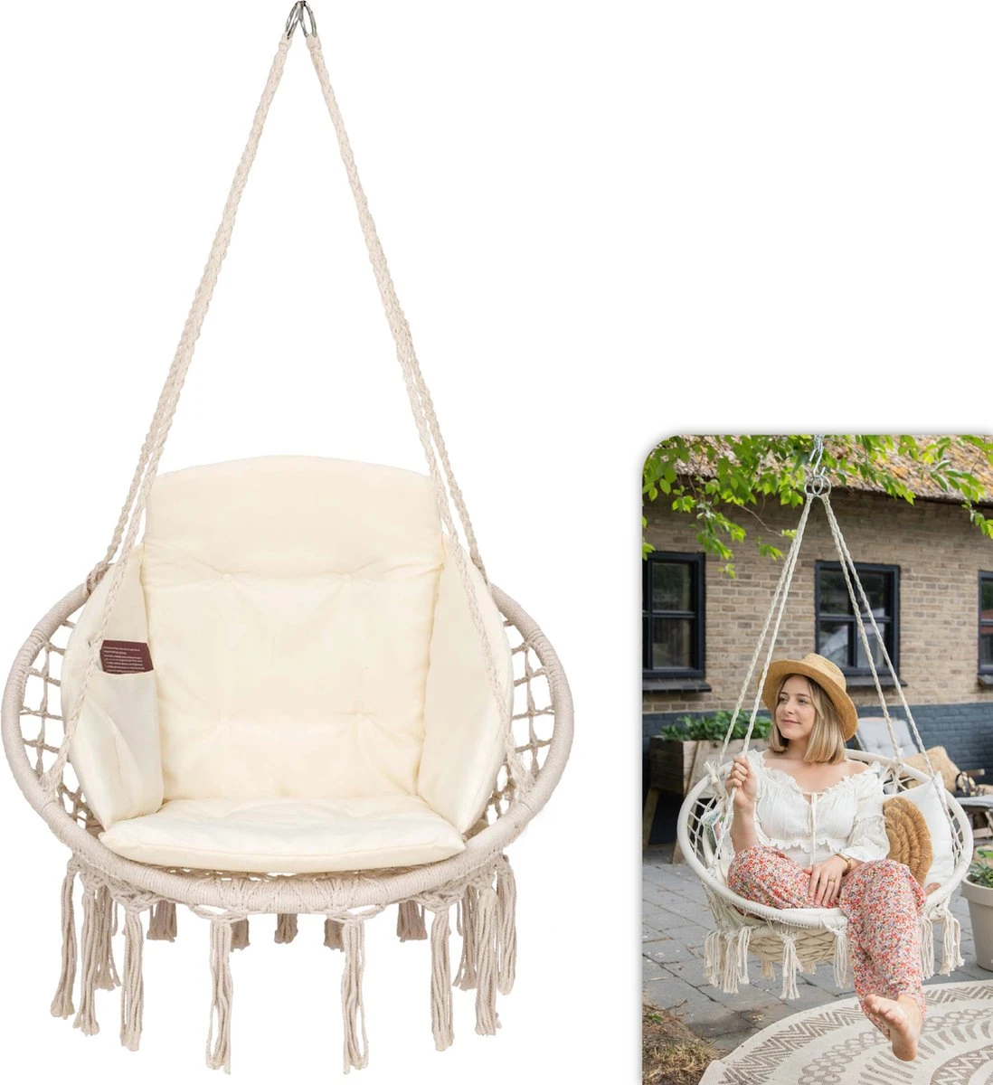 Vita5 Macramé Hangstoel - Voor Binnen En Buiten - Zonder Standaard - Incl. Kussen, Boekenvak En Beschermhoes - Tot 150kg - Beige 1 Vita5 Macramé Hangstoel - Voor Binnen En Buiten - Zonder Standaard - Incl. Kussen, Boekenvak En Beschermhoes - Tot 150kg - Beige
