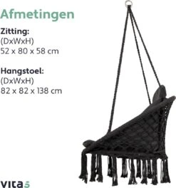 Vita5 Macramé Hangstoel - Voor Binnen En Buiten - Zonder Standaard - Incl. Kussen, Boekenvak En Beschermhoes - Tot 150kg - Zwart -Tuin- En Buitengereedschapswinkels 1124x1200 2