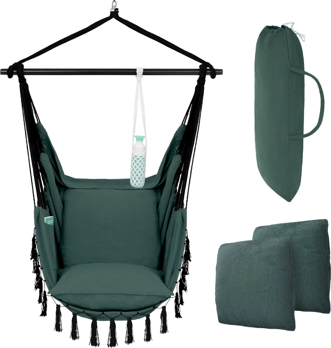 Vita5 XXL Hangstoel | Binnen&Buiten Hangnest | Incl. 2 Kussens En Boekenvak | Volwassenen&Kinderen | Hangmatstoel Tot 225kg | Donkergroen 10 Vita5 XXL Hangstoel | Binnen&Buiten Hangnest | Incl. 2 Kussens En Boekenvak | Volwassenen&Kinderen | Hangmatstoel Tot 225kg | Donkergroen - Afbeelding 10