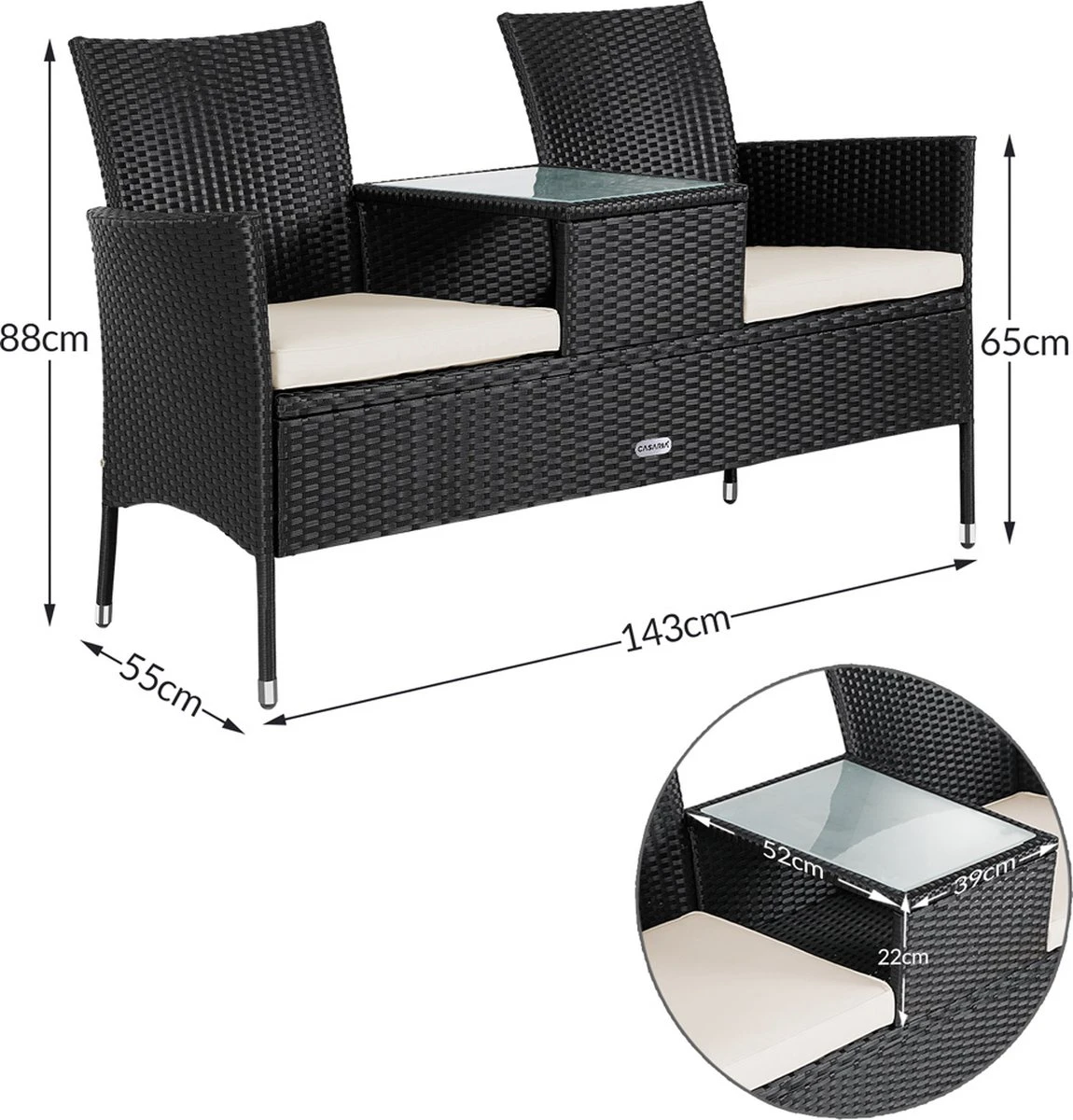 Casaria Polyrattan Tuinbank - Incl. Kussen - 143x55x88 Cm Zwart 3 Casaria Polyrattan Tuinbank - Incl. Kussen - 143x55x88 Cm Zwart - Afbeelding 3