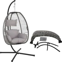 Pro Garden Lowander Hangstoel Egg 191x126x126- Schommelstoel Met Rattan Cocoon En Robuust Stalen Standaard Incl. Kussens - Volledig Inklapbaar - Lichtgrijs -Tuin- En Buitengereedschapswinkels 1185x1200