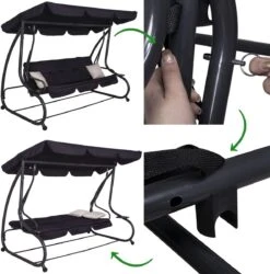 Springos Schommelbank | Linda-Schommel | 3-zits | Waterafstotend | Inclusief 2 Kussens | Verstelbare Luifel | 162 X 200 X 120 Cm | Zwart -Tuin- En Buitengereedschapswinkels 1186x1200