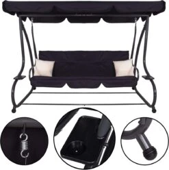 Springos Schommelbank | Linda-Schommel | 3-zits | Waterafstotend | Inclusief 2 Kussens | Verstelbare Luifel | 162 X 200 X 120 Cm | Zwart -Tuin- En Buitengereedschapswinkels 1194x1200 2