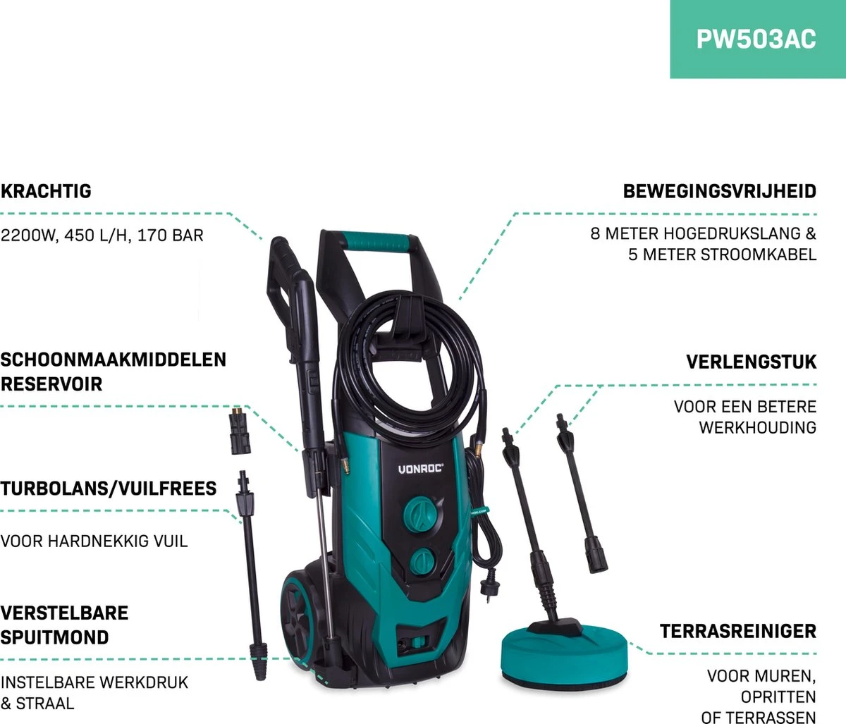 VONROC Hogedrukreiniger V22-2 2200W – 170 Bar – 450 L/h – Incl. 8m Slang, Terrasreiniger, Reinigingstank En Meer 5 VONROC Hogedrukreiniger V22-2 2200W – 170 Bar – 450 L/h – Incl. 8m Slang, Terrasreiniger, Reinigingstank En Meer - Afbeelding 5