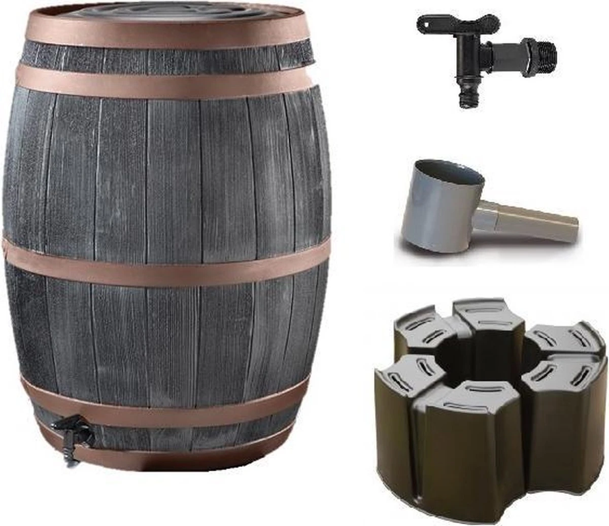 Complete Set: Regenton Bronzen Band 235 Ltr | Hout Effect | Handbewerkt | Inc.voet & Vulautomaat 1 Complete Set: Regenton Bronzen Band 235 Ltr | Hout Effect | Handbewerkt | Inc.voet & Vulautomaat