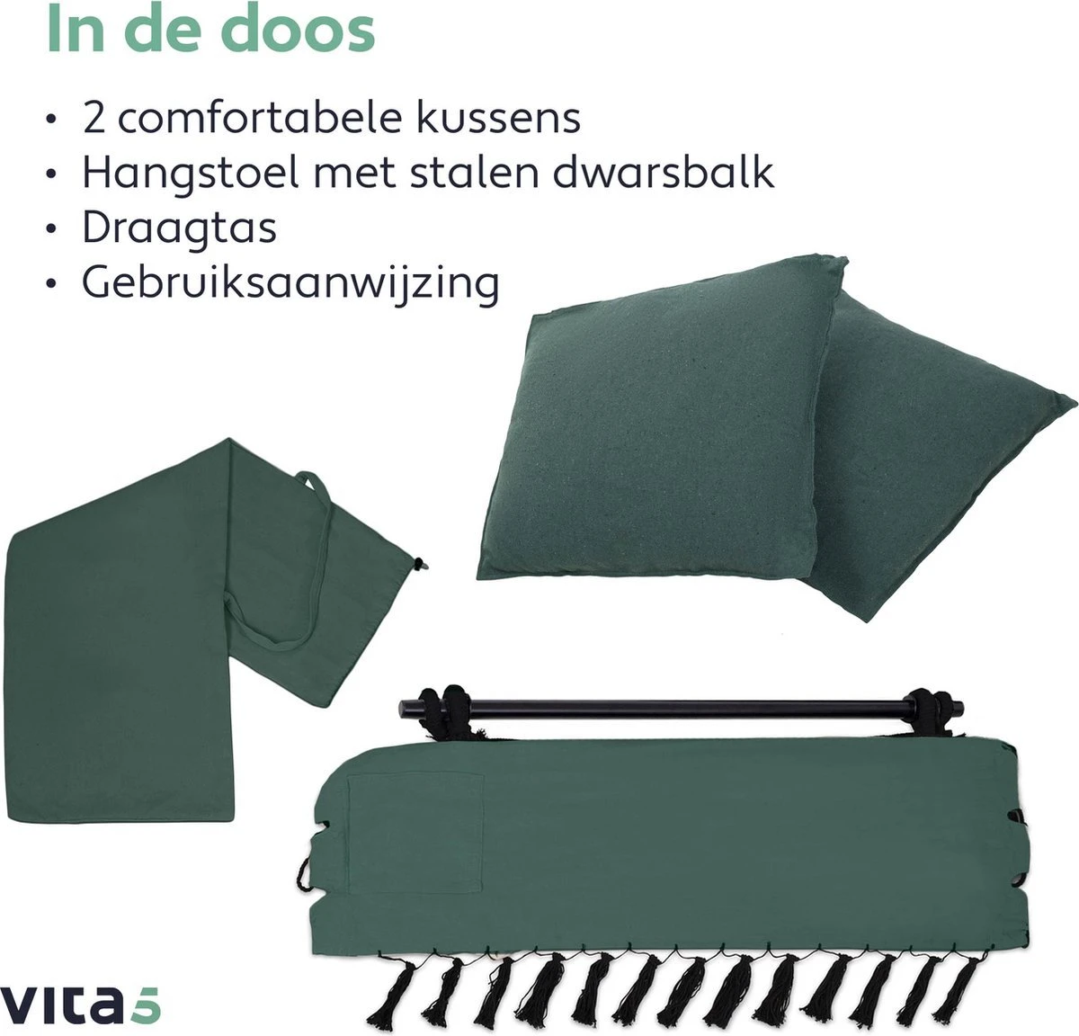 Vita5 XXL Hangstoel | Binnen&Buiten Hangnest | Incl. 2 Kussens En Boekenvak | Volwassenen&Kinderen | Hangmatstoel Tot 225kg | Donkergroen 8 Vita5 XXL Hangstoel | Binnen&Buiten Hangnest | Incl. 2 Kussens En Boekenvak | Volwassenen&Kinderen | Hangmatstoel Tot 225kg | Donkergroen - Afbeelding 8