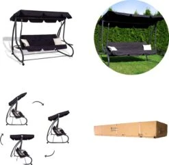 Springos Schommelbank | Linda-Schommel | 3-zits | Waterafstotend | Inclusief 2 Kussens | Verstelbare Luifel | 162 X 200 X 120 Cm | Zwart -Tuin- En Buitengereedschapswinkels 1200x1171