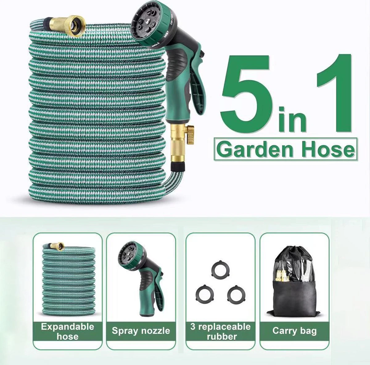 IBright Extra Sterke Uitrekbare Tuinslang - Flexibel - 15 Meter - Inclusief Opbergtas ,Sproeier ,Koppelstuk En Ophanghaak - Groen 5 IBright Extra Sterke Uitrekbare Tuinslang - Flexibel - 15 Meter - Inclusief Opbergtas ,Sproeier ,Koppelstuk En Ophanghaak - Groen - Afbeelding 5