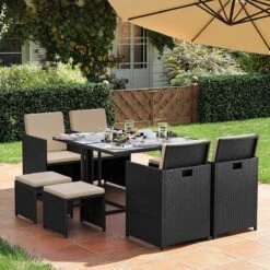 Tuinmeubelset - Tuinset 4 6 8 Persoons - Eettafel En Stoelen - Set Van 9 - Terras - Tuintafel - Salontafel Met Glazen Oppervlak - Zwart Beige -Tuin- En Buitengereedschapswinkels 1200x1200 10