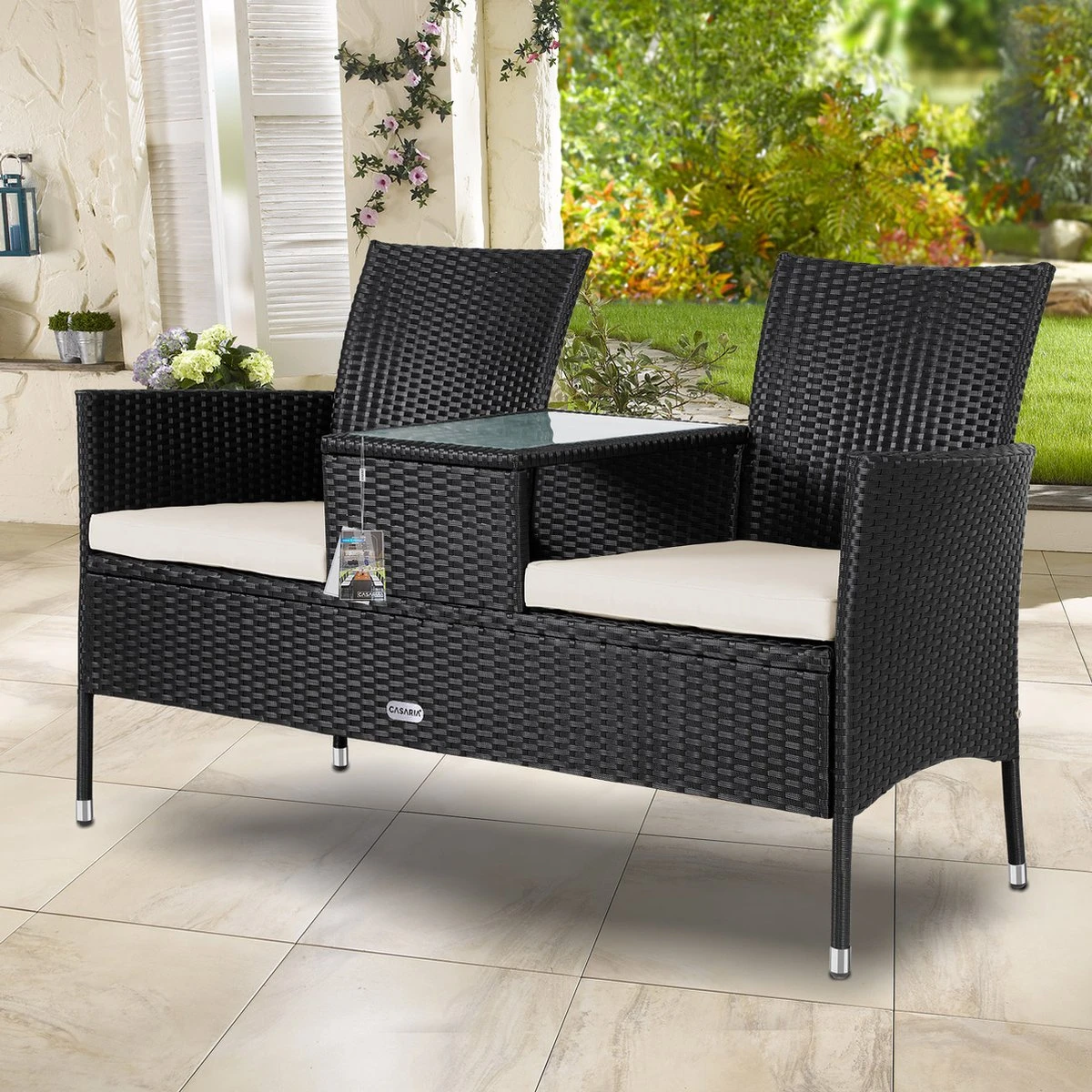 Casaria Polyrattan Tuinbank - Incl. Kussen - 143x55x88 Cm Zwart 5 Casaria Polyrattan Tuinbank - Incl. Kussen - 143x55x88 Cm Zwart - Afbeelding 5