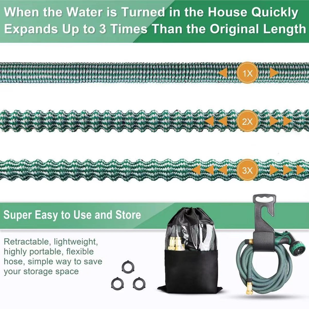 IBright Extra Sterke Uitrekbare Tuinslang - Flexibel - 15 Meter - Inclusief Opbergtas ,Sproeier ,Koppelstuk En Ophanghaak - Groen 3 IBright Extra Sterke Uitrekbare Tuinslang - Flexibel - 15 Meter - Inclusief Opbergtas ,Sproeier ,Koppelstuk En Ophanghaak - Groen - Afbeelding 3