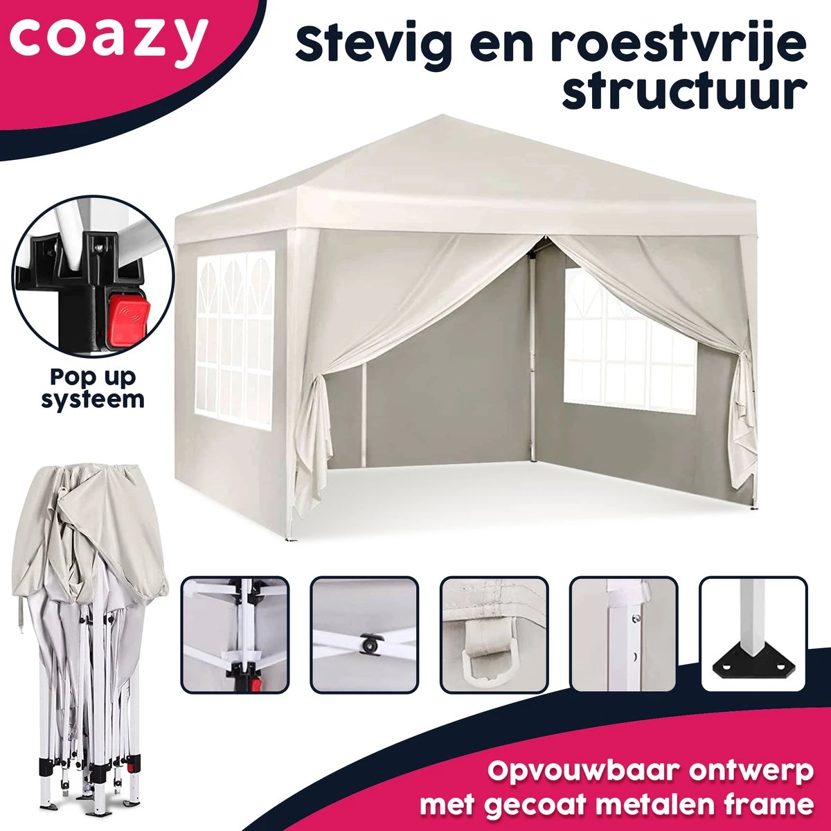 Waterdichte Partytent 3x3 Meter Opvouwbaar Met Zijwanden- Paviljoen Met Zijpanelen - Easy Up - Pop-up Tent Met Haringen, Touw En Anti Slip Poten 2 Waterdichte Partytent 3x3 Meter Opvouwbaar Met Zijwanden- Paviljoen Met Zijpanelen - Easy Up - Pop-up Tent Met Haringen, Touw En Anti Slip Poten - Afbeelding 2