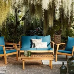 Houten Loungeset 4 Plaatsen - Ushuaïa - Donker Turquoise Kussens, Bank, Fauteuils En Lage Tafel Van Acacia, Design -Tuin- En Buitengereedschapswinkels 1200x1200 97