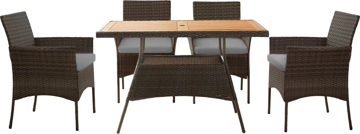 Teamson Home 5-Delig Diningset - Tuinset - Tuinmeubelen - Tafel En 4 Stoelen - Voor Maximaal 4 Personen - Massief Houten Tafelblad - Bruin - 244 X 132 X 84 (cm) 1 Teamson Home 5-Delig Diningset - Tuinset - Tuinmeubelen - Tafel En 4 Stoelen - Voor Maximaal 4 Personen - Massief Houten Tafelblad - Bruin - 244 X 132 X 84 (cm)