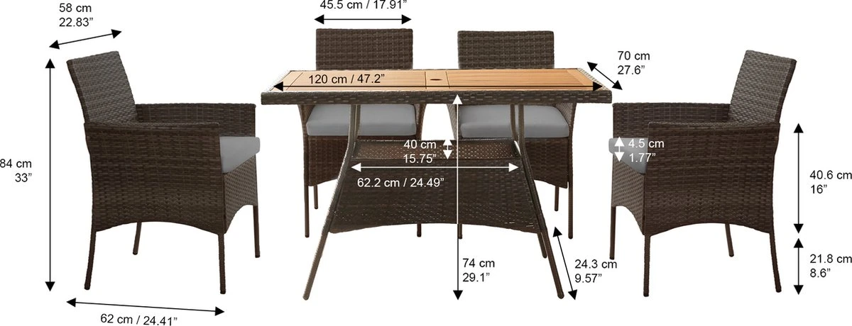 Teamson Home 5-Delig Diningset - Tuinset - Tuinmeubelen - Tafel En 4 Stoelen - Voor Maximaal 4 Personen - Massief Houten Tafelblad - Bruin - 244 X 132 X 84 (cm) 6 Teamson Home 5-Delig Diningset - Tuinset - Tuinmeubelen - Tafel En 4 Stoelen - Voor Maximaal 4 Personen - Massief Houten Tafelblad - Bruin - 244 X 132 X 84 (cm) - Afbeelding 6