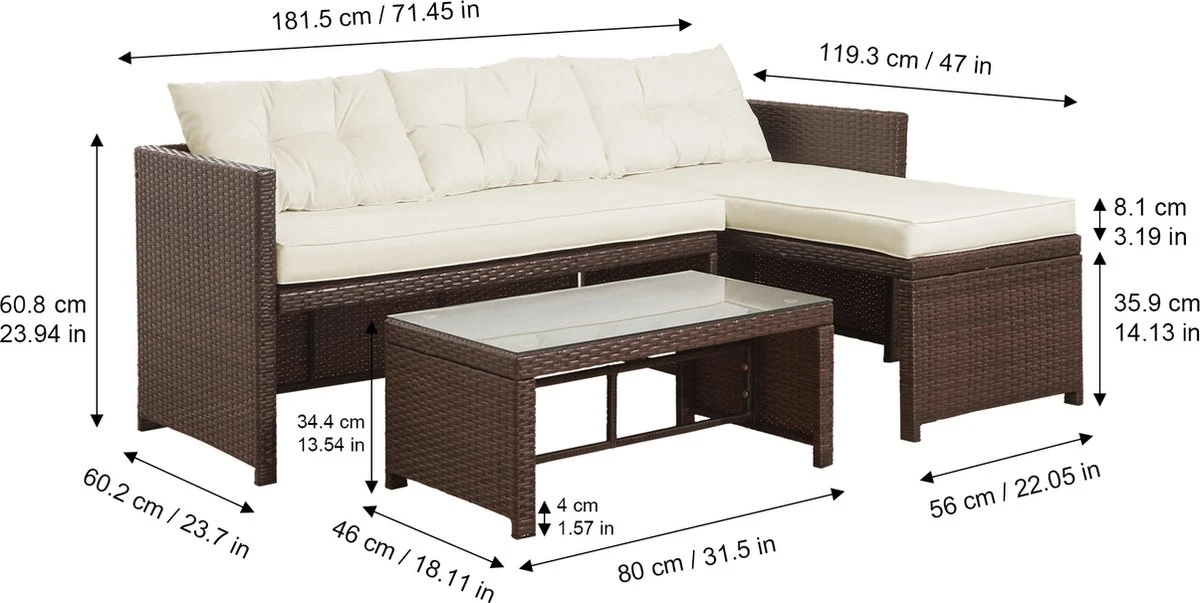 Teamson Home 3-Delig Hoek Loungeset - Tuinmeubelen - Tuinbank - Omvat Tafel En Kussens - Rotan - Bruin/Wit 8 Teamson Home 3-Delig Hoek Loungeset - Tuinmeubelen - Tuinbank - Omvat Tafel En Kussens - Rotan - Bruin/Wit - Afbeelding 8