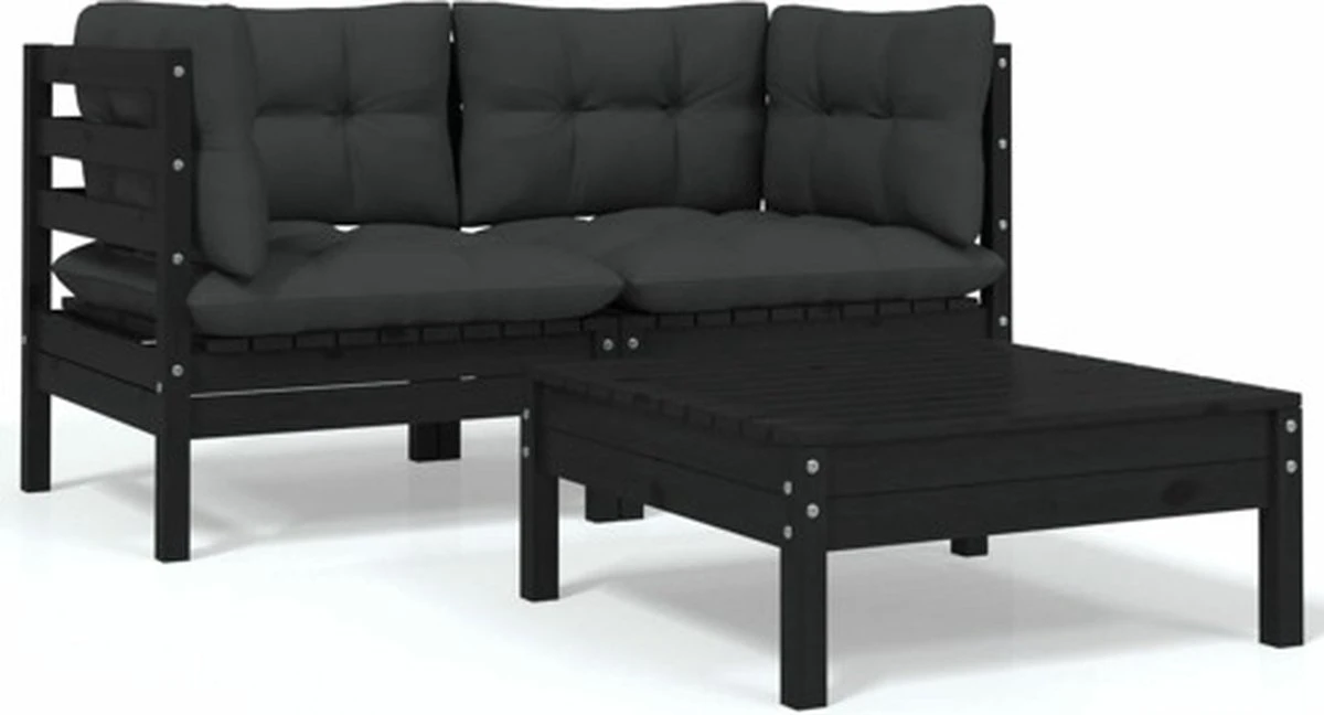 VidaXL 3-delige Loungeset Met Kussens Massief Grenenhout Zwart 1 VidaXL 3-delige Loungeset Met Kussens Massief Grenenhout Zwart