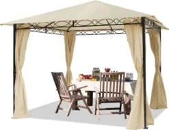 Tuinpaviljoen 3x3 M Waterdicht Paviljoen Met 4 Zijwanden Tuintent Ca. 180 G/m² Dakzeil In Crème Partytent
