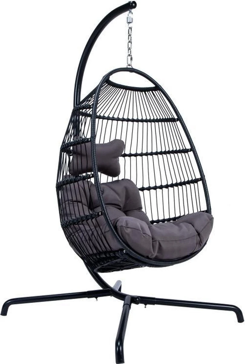 Merkloos Hangstoel Norway - Zwart Wicker & Touw Luxe Egg Hangstoel Met Dikke Antraciete Kussens Met Frame - Inklapbare Basket 1 Merkloos Hangstoel Norway - Zwart Wicker & Touw Luxe Egg Hangstoel Met Dikke Antraciete Kussens Met Frame - Inklapbare Basket